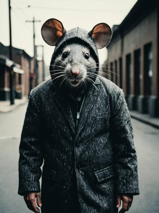Man Wearing Rat Mask and Coat on Street