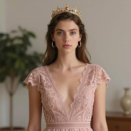 Young Woman in Pink Lace Dress with Gold Crown