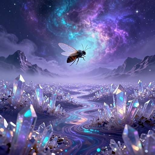 Digital artwork: A glowing, translucent bug with transparent wings flies over a mystical, starry landscape filled with bioluminescent crystals and a glowing river