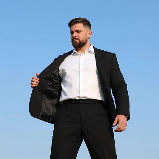 Photograph of a bearded man with short brown hair, wearing a black suit, white shirt, and black pants, holding his jacket open against a