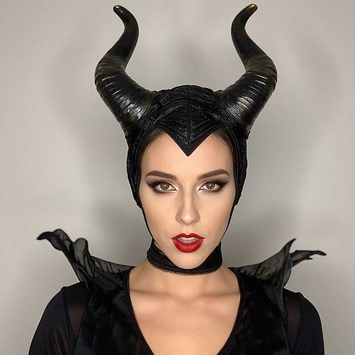 Photograph of a pale-skinned woman with red lips, black horned headpiece, and choker, wearing a black, ruffled top,