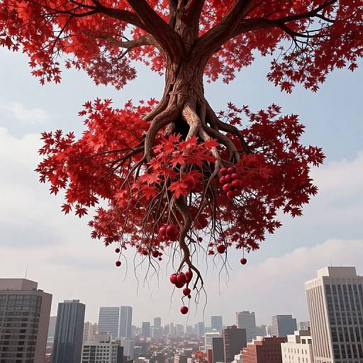 Photograph of a tall tree with vibrant red leaves and hanging red fruits, set against a city skyline with modern skyscrapers.