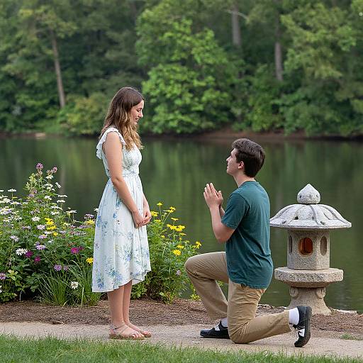 Lakeside Proposal with Floral Dress