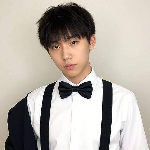 Photograph of a young Asian man with black hair, wearing a black bow tie, white shirt, and black suspenders against a plain white background.