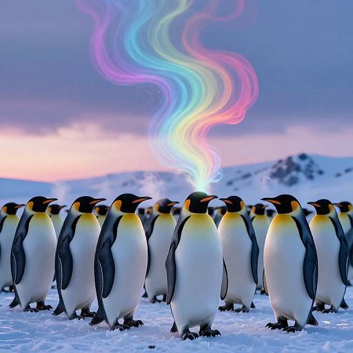Photograph of a group of penguins standing on snowy ground, with a vibrant, rainbow-colored light swirl above them in a twilight sky.