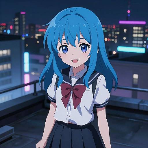 Anime-style digital drawing of a blue-haired girl with big blue eyes, wearing a white sailor uniform with a red bow, standing on a rooftop at night