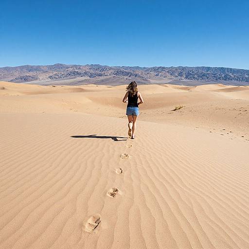 Photograph of a woman with long hair in a black top and denim shorts walking alone in a vast, sunlit desert with footprints, clear blue