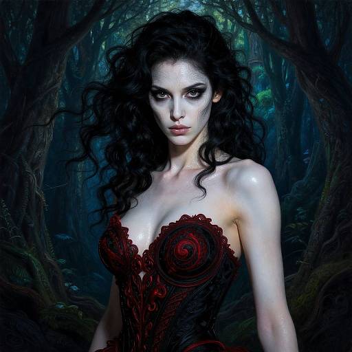 Photorealistic digital artwork of a pale-skinned, dark-haired woman with intense eyes, wearing a red rose-embellished corset in a