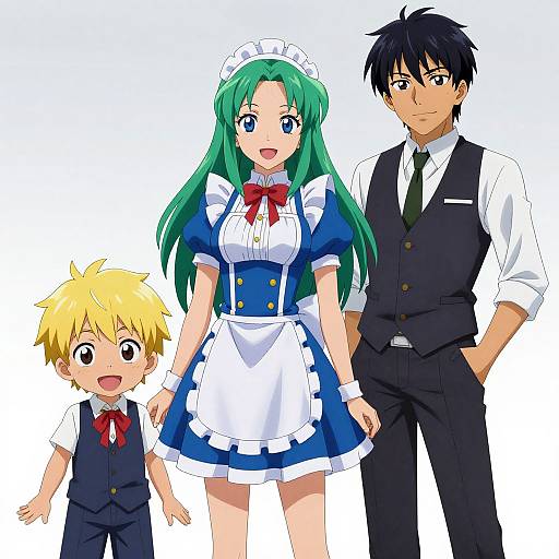Anime-style illustration of a green-haired maid girl with blue dress, red ribbon, and white apron, flanked by a blonde boy in vest and