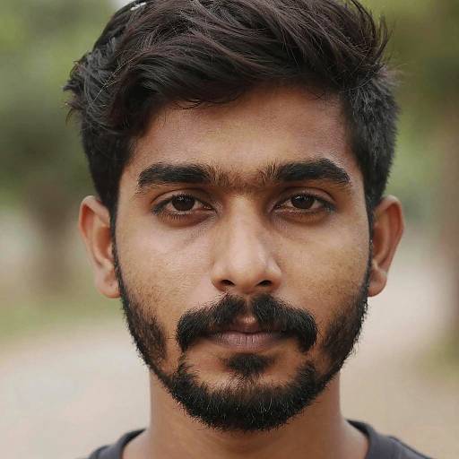 Close-up photograph of a young South Asian man with medium brown skin, dark brown eyes, thick black eyebrows, short black hair, and a full black