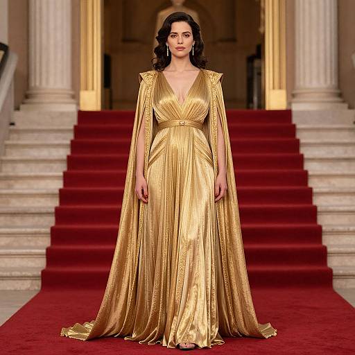 Photograph of a woman with wavy dark hair wearing a gold, long-sleeved, V-neck gown standing on a red carpeted staircase with