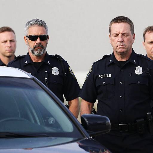 Two Middle-Aged Police Officers Near Patrol Car
