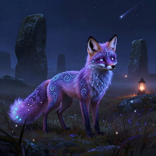 Luminescent Violet Fox in Enchanted Moorland