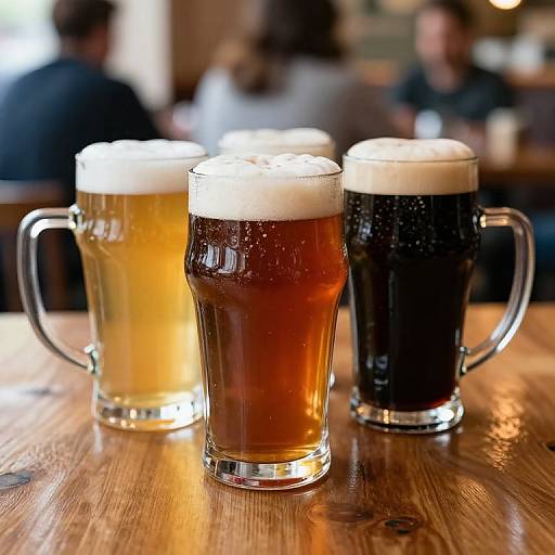 Three Glass Mugs of Beer on Table