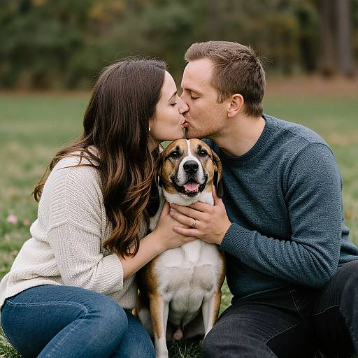 Engagement Couple Kissing Dog