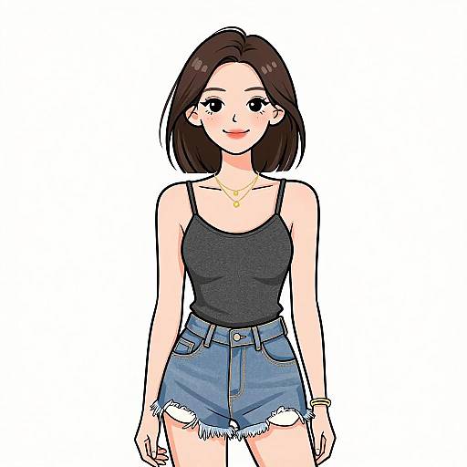 Digital anime-style drawing of a smiling young woman with fair skin, brown bob haircut, wearing a black tank top and frayed blue denim shorts, adorned
