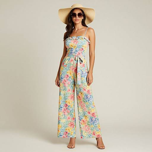 Photograph of a woman with long dark hair, wearing a wide-brimmed straw hat, colorful floral jumpsuit, and sunglasses, standing against a