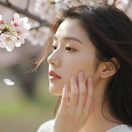 Photograph of a young Asian woman with fair skin and long dark hair, gently touching her cheek, gazing at white cherry blossoms in soft sunlight