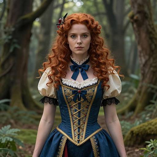 Red-haired Woman in Medieval Fantasy Costume in Forest