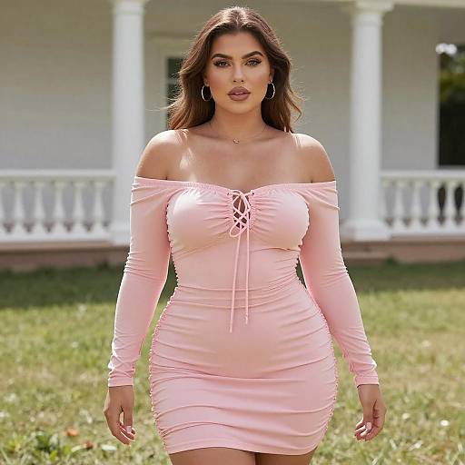Curvy Woman in Pink Ruched Dress