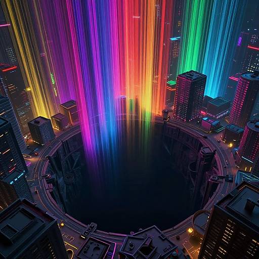 Neon-lit, futuristic cityscape with vibrant, rainbow laser beams descending from skyscrapers onto a circular, dark central plaza at night. Digital
