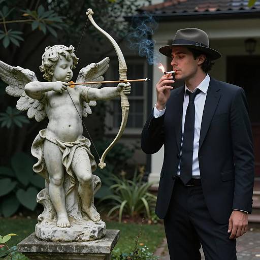 Mysterious Man with Cherub in Garden