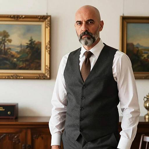 Photograph of a bald, bearded middle-aged man in a black vest, white shirt, and brown tie, standing in a room with two framed