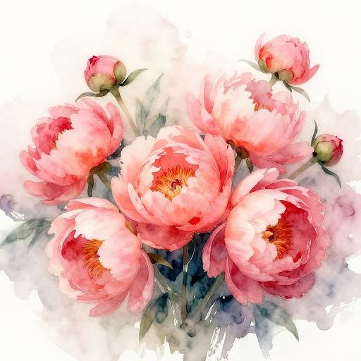 Watercolor painting of vibrant pink peonies with red centers, soft green leaves, and a white background, showcasing delicate, flowing petals.
