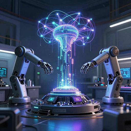 Photorealistic CGI of two robotic arms creating a glowing, neon blue and purple holographic sphere in a futuristic lab.