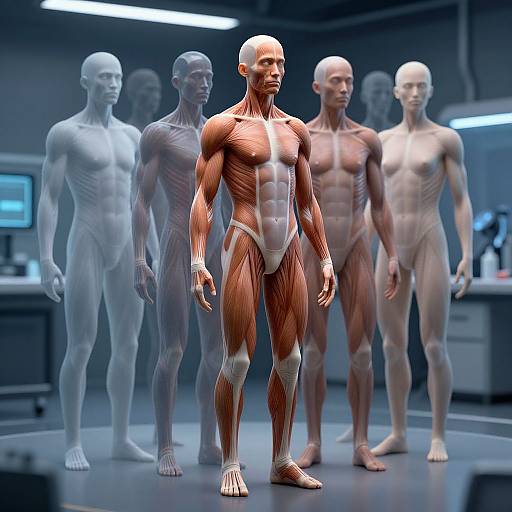 CGI image of five muscular, bald, androgynous humanoid figures with detailed anatomical muscle structures, standing in a futuristic lab.