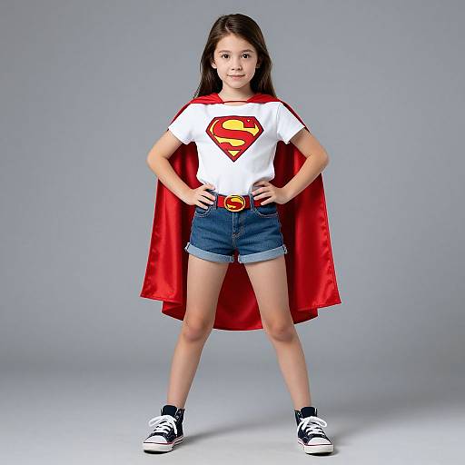 Photograph of a young girl with long brown hair, wearing a Superman shirt, red cape, denim shorts, and black sneakers, standing confidently against a