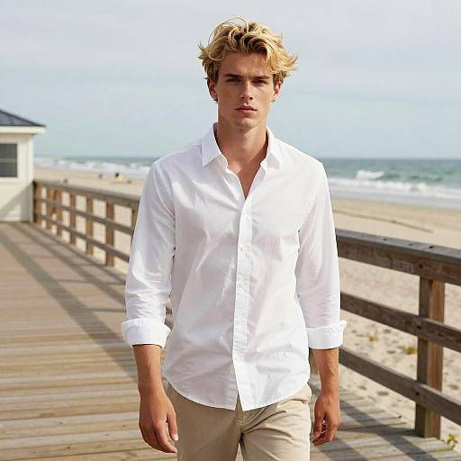 Photograph of a handsome young man with blonde, tousled hair, wearing a white button-up shirt and beige pants, walking on a wooden boardwalk
