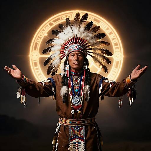 Photograph of a Native American man in traditional brown attire, feathered headdress, and beaded necklaces, standing with arms outstretched against