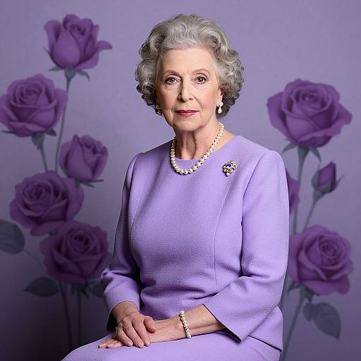 Photograph of an elderly Caucasian woman with short gray curly hair, wearing a lavender dress, pearl necklace, and brooch, seated against a purple rose
