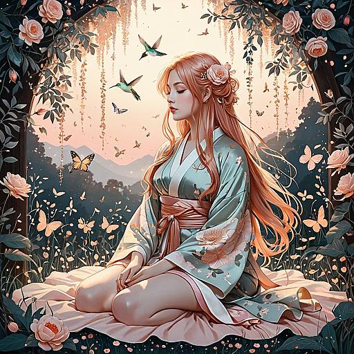 Anime Girl in Floral Kimono with Butterflies