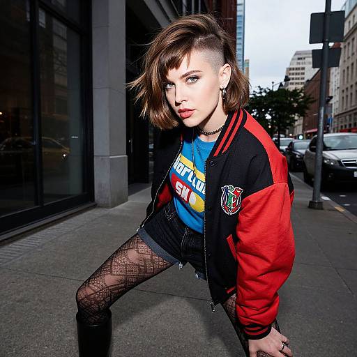 Photograph of a punk-style woman with short, asymmetrical brown hair, wearing a red and black jacket, 
