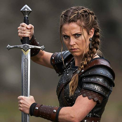 Fierce Woman in Celtic Barbarian Armor Holding Sword