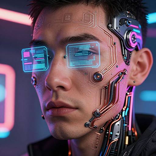 Digital photograph of a young man with cybernetic enhancements, glowing blue holographic eyes, and intricate circuitry on his forehead and neck, set against