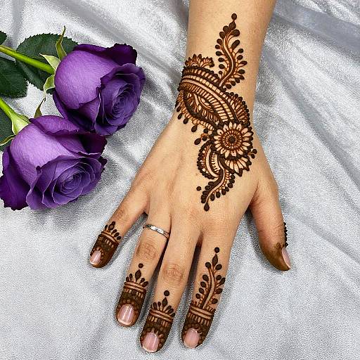Intricate Henna Hand with Purple Roses