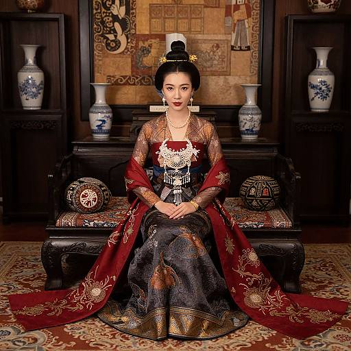 Elegant Asian woman in traditional red and black embroidered qipao with intricate gold patterns, seated on ornate wooden bench, surrounded by Chinese vases