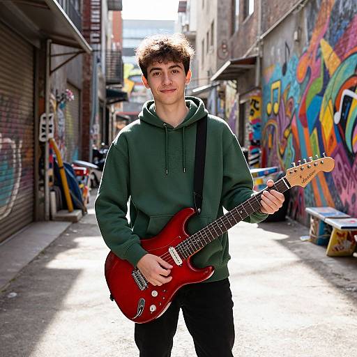 Photograph of a young man with curly brown hair, wearing a green hoodie and black pants, holding a red electric guitar, standing in a colorful,