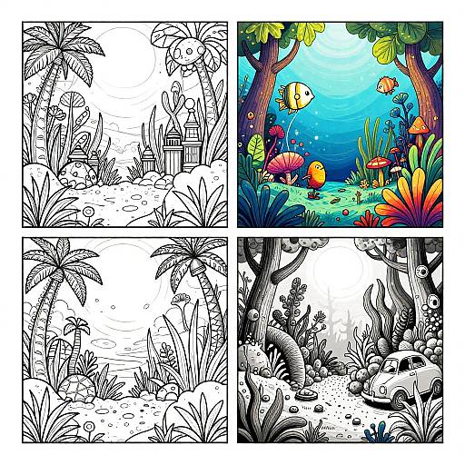 Whimsical Nature and Underwater Coloring Book Scenes
