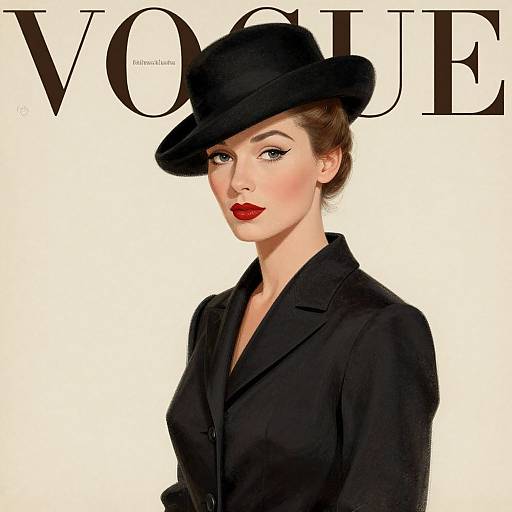 Digital Vogue magazine cover featuring a fair-skinned woman with red lipstick, brown eyes, and black hat and blazer, against a white background.