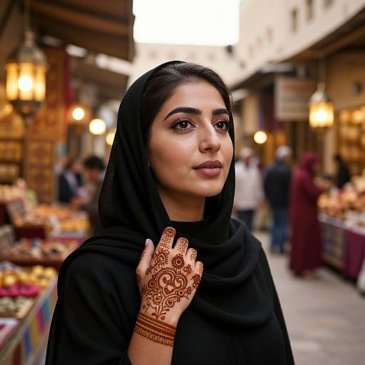 Photograph of a South Asian woman with dark hair, black hijab, and intricate henna on her hand, standing in a bustling market with warm