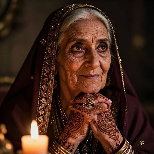 Photograph of an elderly Indian woman with white hair, wearing a black embroidered veil, hennaed hands, and gold jewelry, lit by a candle