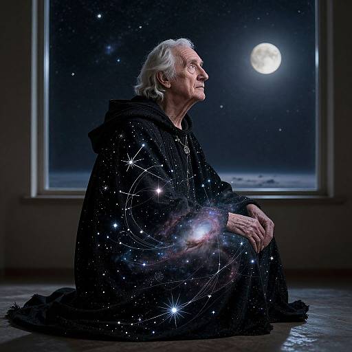 Photograph of elderly man with white hair, wearing black cloak adorned with star and galaxy patterns, seated in dimly lit room, gazing at full