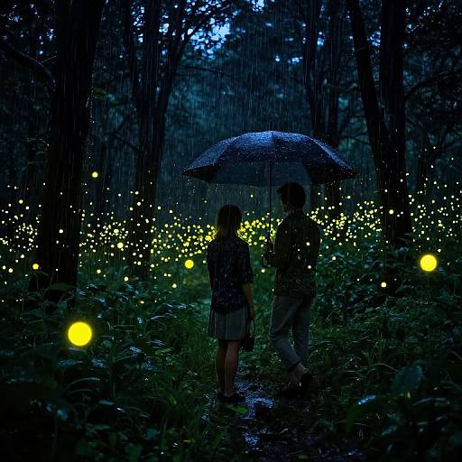 Photograph of a dark, rainy forest with glowing fireflies, silhouetted figures under a blue umbrella, and vivid yellow orbs.