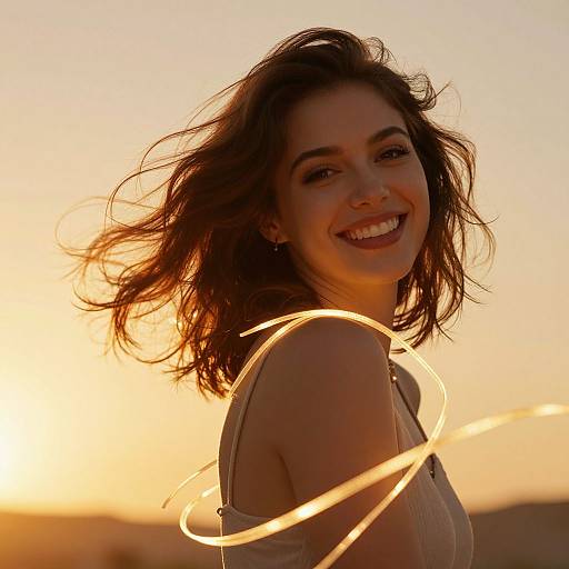 Photograph of a smiling woman with wavy brown hair, wearing a sleeveless top, illuminated by sunset light, with glowing light trails in the foreground