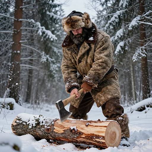 Photograph of a bearded man in a fur-trimmed, brown winter coat chopping a log in a snowy forest with tall, snow-covered trees