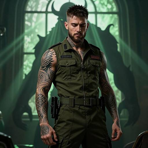 Tattooed, muscular man with short dark hair and beard, wearing green tactical vest, stands in dimly lit room with shadowy silhou